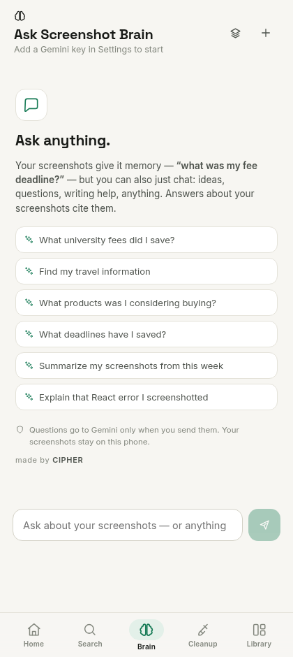 Brain chat with suggested questions like 'What university fees did I save?'