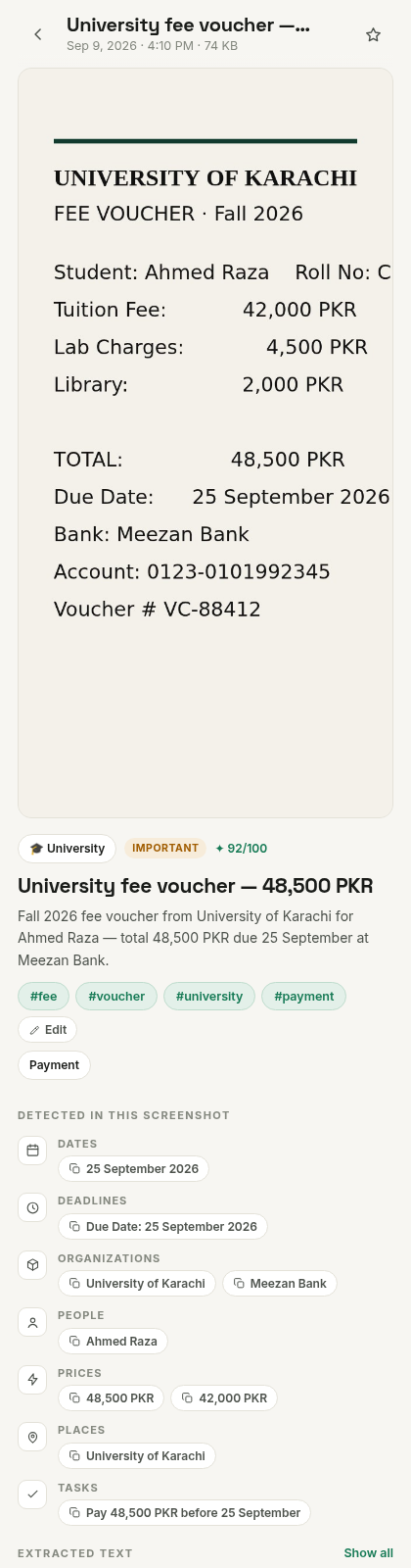 Detail screen of a university fee voucher with detected information
