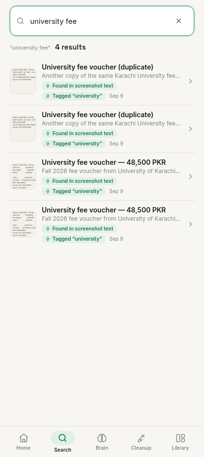 Natural-language search for 'university fee' with match reasons on every result